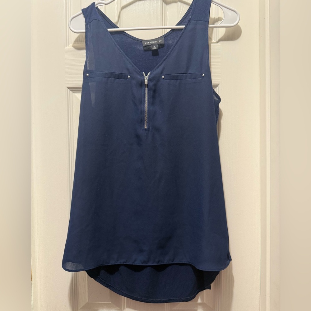 Blue Sleeveless Tank Top with Silver Zipper